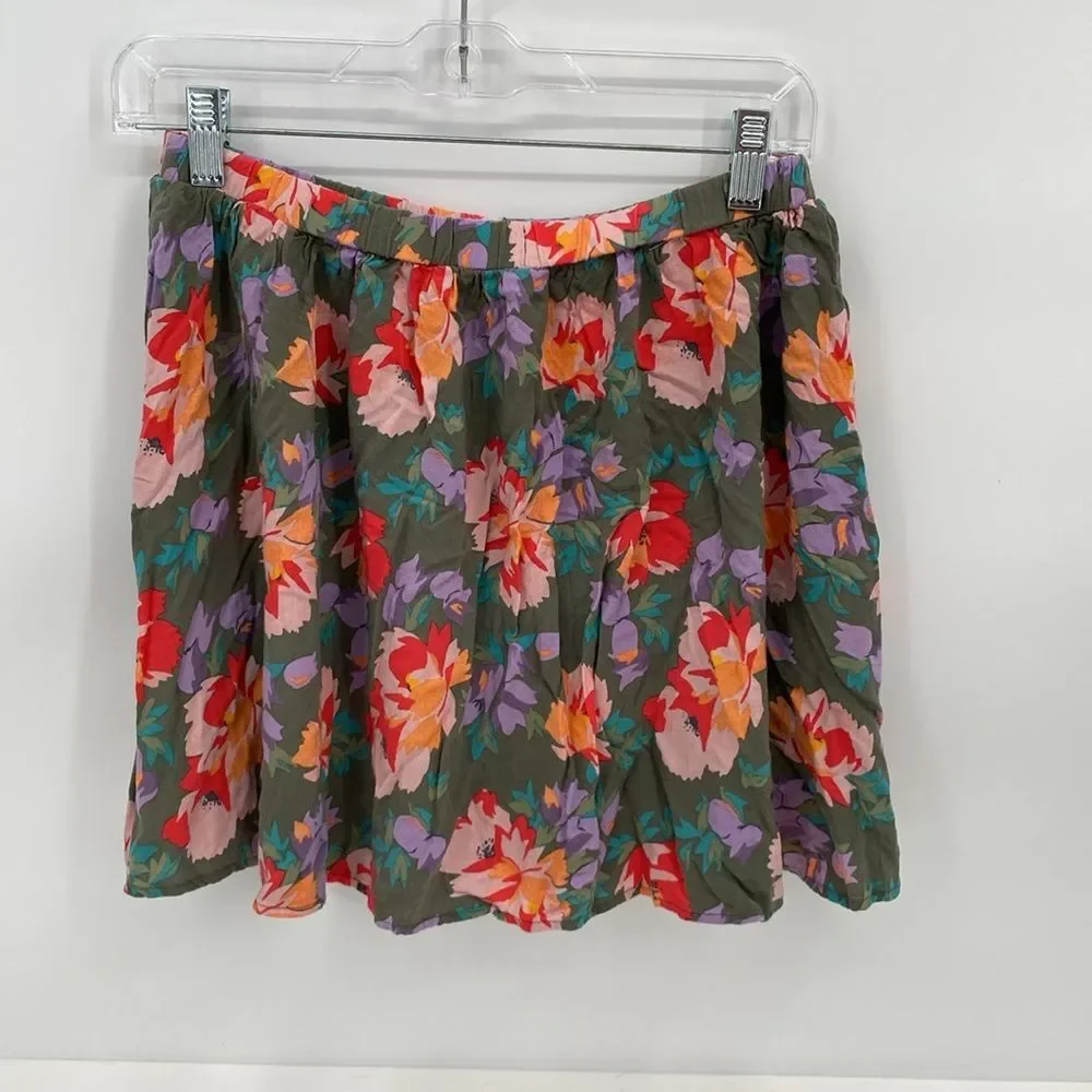 Old Navy Pleated Mini Skirt Olive Green Floral Print Elastic Waist XXL 16